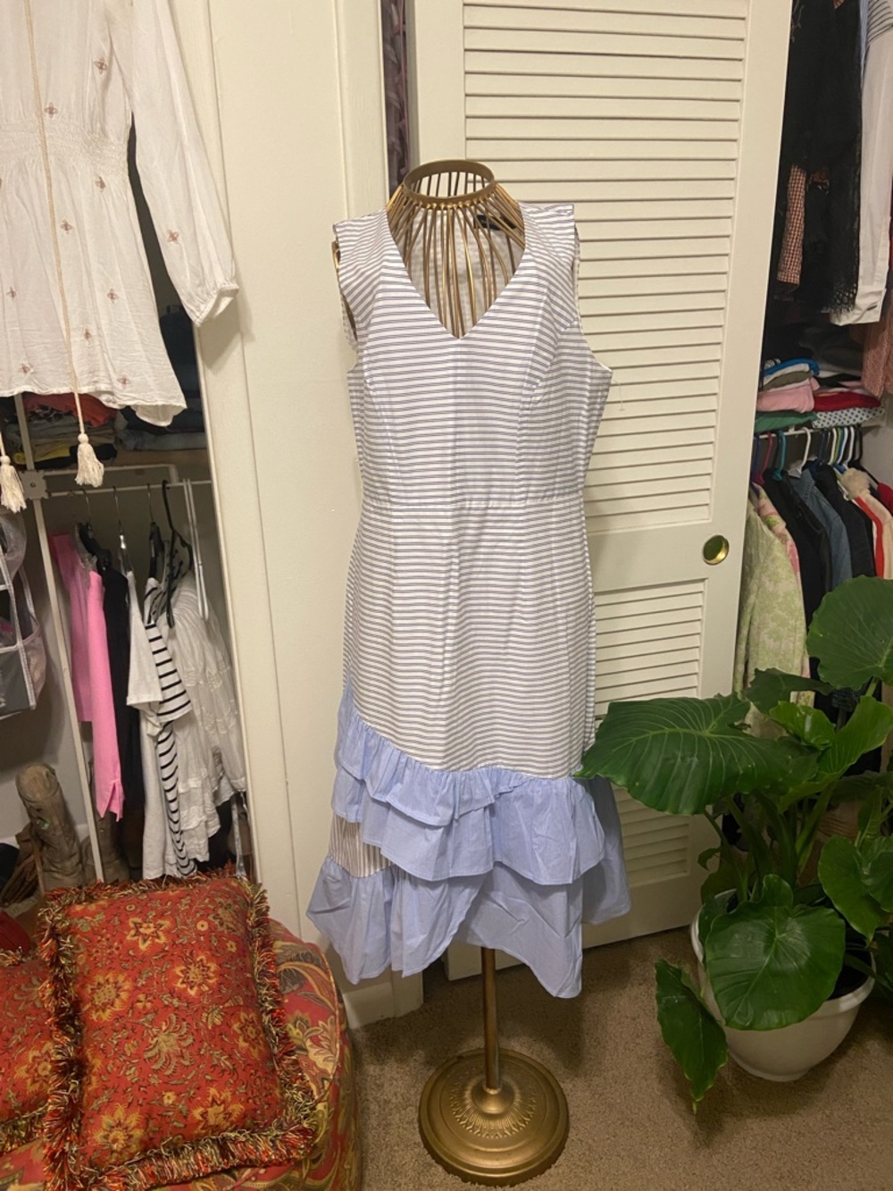 Ivanka Trump Light Blue & White Striped Sleeveless Maxi Dress with Ruffle Hem